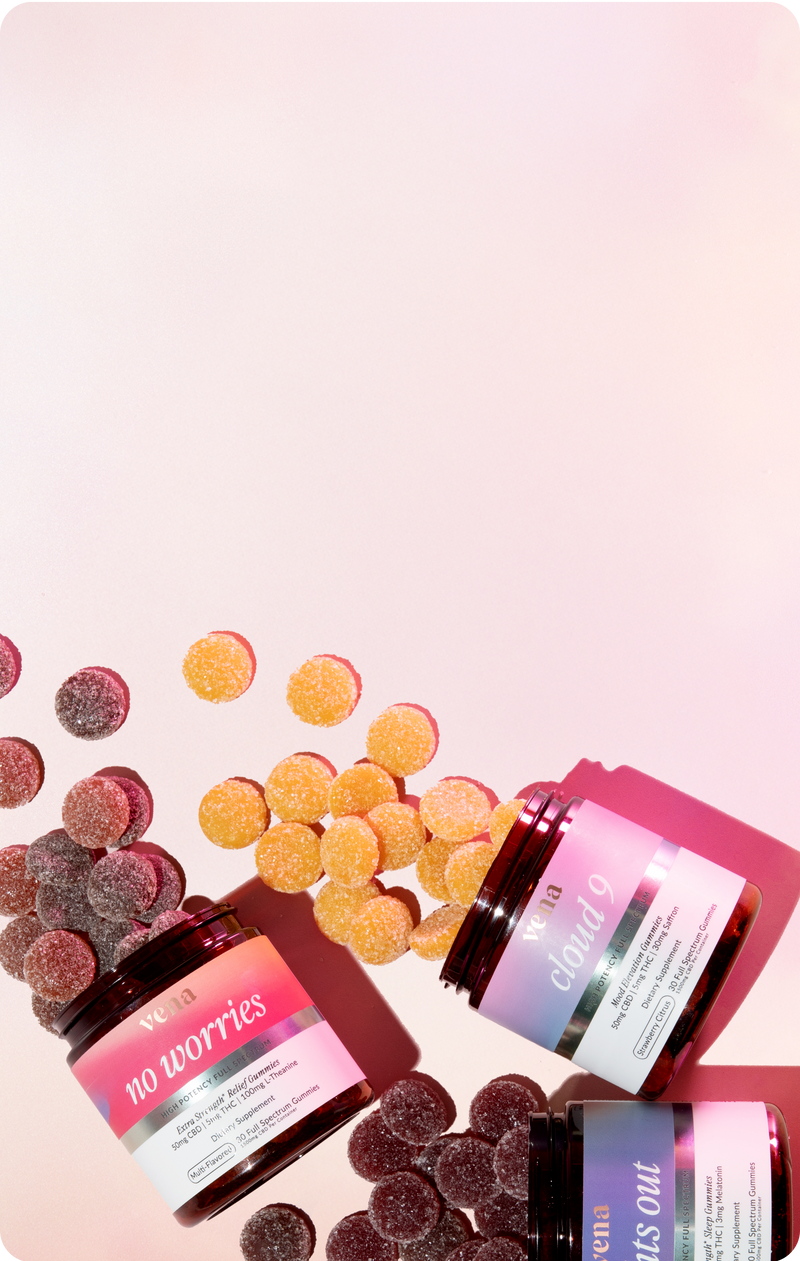 vena jars labeled 'no worries' and 'cloud 9' with sugar-coated orange and purple gummies on a pink background.