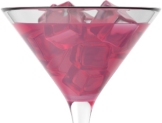 Martini-style glass holding translucent pink liquid and large pink cube-shaped pieces.