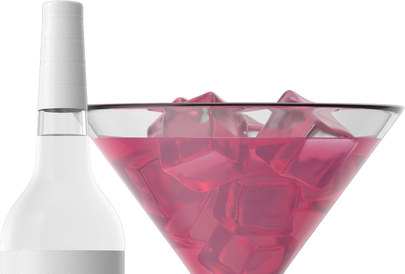 Bottle neck beside a martini glass filled with a pink cocktail and oversized ice cubes, close-up