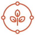 Stylized sprouting plant with three leaves inside a circular ring with four dots — growth/sustainability icon.