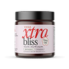 Front view of Xtra Bliss gummy jar showing label reading 10mg THC, 10mg CBD, 2mg CBG with black lid on white background